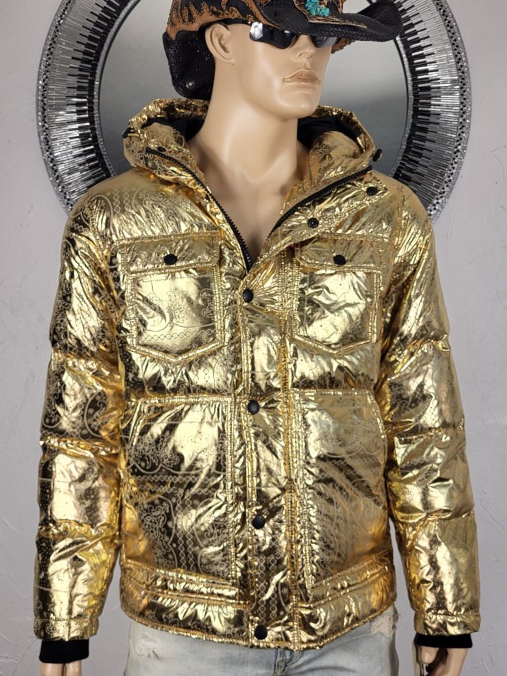 NWT~$225~LEVIS~SZ S~MENS GOLD METALLIC PUFFER BOMBER JACKET HOODED COAT POCKETS